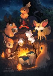 Rule 34 | bird, charmander, chimchar, commentary, creatures (company), cyndaquil, english commentary, fennekin, fiery tail, fire, fire, flame-tipped tail, food, game freak, gen 1 pokemon, gen 2 pokemon, gen 3 pokemon, gen 4 pokemon, gen 5 pokemon, gen 6 pokemon, gen 7 pokemon, highres, holding, holding stick, litten, marshmallow, monkey, mouth hold, night, night sky, nintendo, on shoulder, outdoors, pig, pokemon, pokemon (creature), pokemon on shoulder, sky, stick, tail, tepig, torchic