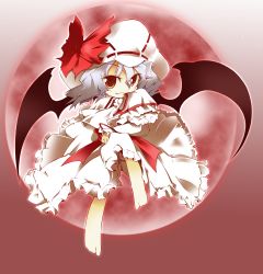 Rule 34 | 1girl, absurdres, barefoot, chibi, female focus, full body, gradient background, hat, highres, moon, outdoors, red moon, remilia scarlet, shirogane (platinum), sky, solo, touhou, wings