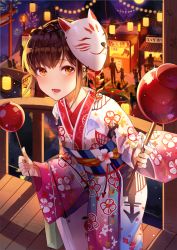 Rule 34 | 1girl, black hair, blush, candy apple, fireworks, food, japanese clothes, kim eb, kimono, looking at viewer, mask, mask on head, open mouth, orange eyes, original, pink kimono, revision, short hair, smile, solo, solo focus, teeth