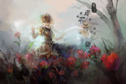Rule 34 | 1girl, arm up, arm warmers, blonde hair, female focus, field, flower, flower field, green eyes, mizuhashi parsee, red flower, red rose, relax (artist), rose, sash, scarf, shirt, short hair, skirt, solo, touhou, tree