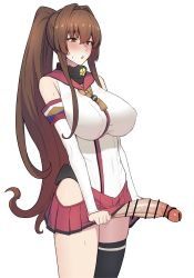 Rule 34 | 1futa, absurdres, bar censor, bare shoulders, blush, breasts, brown eyes, brown hair, censored, clothes lift, collar, collarbone, detached sleeves, erection, futanari, hair intakes, highres, huge breasts, kantai collection, large breasts, large penis, long hair, looking at viewer, metal collar, penis, pleated skirt, red skirt, simple background, skirt, skirt lift, solo, takaman (gaffe), veins, veiny penis, very long hair, white background, yamato (kancolle)