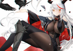 Rule 34 | 1girl, absurdly long hair, absurdres, aegir (azur lane), asymmetrical footwear, azur lane, bad id, bad pixiv id, bare shoulders, bird, black bird, black cape, black legwear, black skirt, bodystocking, boots, breast curtains, breasts, cape, chromatic aberration, cleavage, cross, cross-laced clothes, crow, demon horns, feet out of frame, highres, horns, impossible clothes, iron cross, knee boots, large breasts, long hair, looking at viewer, miniskirt, multicolored hair, red hair, simple background, single knee boot, sitting, skin tight, skirt, streaked hair, thighs, two-tone hair, underbust, uneven footwear, very long hair, white background, white hair, xiongshouji, yellow eyes