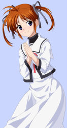 Rule 34 | 00s, ahoge, blue eyes, blush, brown hair, g-tetsu, hair ribbon, highres, lyrical nanoha, mahou shoujo lyrical nanoha, mahou shoujo lyrical nanoha a&#039;s, own hands clasped, own hands together, ribbon, school uniform, short twintails, solo, takamachi nanoha, twintails