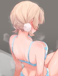 Rule 34 | 1girl, absurdres, back, blonde hair, blush, bra, butt crack, duplicate, ear blush, festa11307070, hair ornament, highres, indie virtual youtuber, low twintails, nape, official alternate hairstyle, panties, pom pom (clothes), pom pom hair ornament, red skirt, shigure ui (vtuber), shirt, short hair, short twintails, sitting, skirt, solo, steaming body, sweat, twintails, underwear, underwear only, virtual youtuber, wet, wet clothes