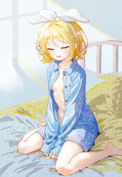 Rule 34 | 1girl, bare legs, barefoot, bed, blonde hair, blue skirt, blush, bow, bow hairband, breasts, closed eyes, collared shirt, commentary request, hairband, kagamine rin, navel, on bed, open clothes, open shirt, parted lips, shirt, short hair, sitting, skirt, sleepy, small breasts, smile, solo, squeans, vocaloid, wariza, white bow, yukihane (snowowl515)