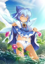 Rule 34 | &gt;:d, 1girl, :d, blue bow, blue dress, blue hair, blue panties, blue sky, blush, bow, cameltoe, chima q, cirno, clothes lift, cloud, collared shirt, commentary request, cowboy shot, day, dress, dress lift, facing viewer, flower, grin, hair bow, hidden star in four seasons, highres, ice, ice wings, lake, leaf, legs apart, lens flare, lifted by self, light rays, navel, open mouth, outdoors, panties, parted lips, pinafore dress, puffy short sleeves, puffy sleeves, shirt, short hair, short sleeves, sky, sleeveless dress, smile, solo, splashing, standing, sunbeam, sunlight, tan, tanline, tanned cirno, teeth, touhou, underwear, v-shaped eyebrows, wading, water, white shirt, wing collar, wings