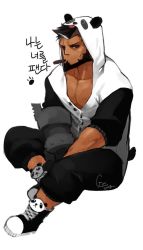 Rule 34 | 1boy, alternate pectoral size, animal costume, animal ears, bara, beard, black hair, cigar, cyphers, damian doyle (cyphers), dark skin, dark-skinned male, facial hair, fake animal ears, full body, gomtang, highres, looking at viewer, pectoral cleavage, male focus, mature male, mohawk, open clothes, panda costume, panda ears, pectorals, short hair, sitting, solo, sweatdrop, third-party source, toned, toned male, aged down