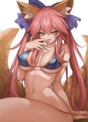 Rule 34 | &gt;:p, 10s, absurdres, animal ear fluff, animal ears, bikini, blue bikini, bow, breasts, come hither, covered erect nipples, fang, fate/extra, fate/grand order, fate (series), fox ears, fox tail, hair between eyes, hair bow, highres, large breasts, licking, licking finger, looking at viewer, navel, pink hair, rabbit (wlsdnjs950), side-tie bikini bottom, sitting, skindentation, solo, swimsuit, tail, tamamo (fate), tamamo no mae (fate/extra), tamamo no mae (swimsuit lancer) (fate), tongue, underboob, untied bikini, untying, white background, yellow eyes