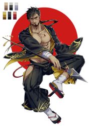 Rule 34 | 1boy, abs, bara, bare pectorals, black hair, black kimono, blind, blonde hair, brown eyes, dark-skinned male, dark skin, facial hair, facial scar, full moon, hakama, hakama pants, happi, highres, hip vent, holding, holding polearm, holding weapon, japanese clothes, kimono, large pectorals, magatama, magatama necklace, male focus, mature male, moon, multicolored hair, muscular, muscular male, navel, navel hair, necklace, ninja (yzpyn), nipples, open clothes, open kimono, original, pants, pectorals, polearm, scar, scar on cheek, scar on face, short hair, sideburns, solo, stomach, streaked hair, stubble, thick thighs, thighs, weapon, wide sleeves, yzpyn