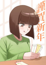 1girl :q banknote blunt_bangs blunt_ends breasts bright_pupils brown_eyes brown_hair commentary envelope green_sweater happy_new_year heart heart-shaped_pupils highres holding holding_envelope holding_money hongbao indoors kie_(fvha3888) light_blush long_sleeves looking_at_object looking_down loose_hair_strand medium_breasts money new_year otoshidama own_hands_together ranma_1/2 shouji sliding_doors solo sweater symbol-shaped_pupils table tendou_nabiki tongue tongue_out translated upper_body