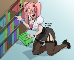 Rule 34 | 1girl, artist request, black footwear, black skirt, black thighhighs, blush, book, bra, breasts, choker, cleavage, fang, full body, garter straps, hair ribbon, high heels, highschool of the dead, holding, jewelry, kneeling, large breasts, legs apart, looking at viewer, no pupils, on floor, open mouth, pencil skirt, pendant, pink bra, puffy short sleeves, puffy sleeves, pumps, red ribbon, ribbon, scrunchie, shirt, shoes, short hair, short sleeves, skirt, solo, takagi saya, thighhighs, twintails, two side up, underwear, white shirt, wrist scrunchie