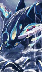Rule 34 | animal focus, blue skin, body markings, colored skin, commentary request, creatures (company), fins, game freak, gen 3 pokemon, highres, kyogre, legendary pokemon, nintendo, no humans, orca, pemuchi (chikuwa 3296), pokemon, pokemon (creature), primal kyogre, rain, tail, water, yellow eyes