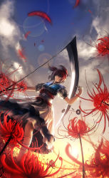 Rule 34 | 1girl, arm up, bad id, bad pixiv id, blue sky, cloud, coin, female focus, field, flower, flower field, from below, kzcjimmy, lens flare, obi, onozuka komachi, petals, red eyes, red hair, sash, scythe, shirt, skirt, sky, solo, spider lily, touhou, twintails, two side up