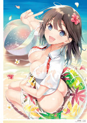 Rule 34 | 1girl, :d, absurdres, artist name, ass, beach, blue eyes, blush, breasts, brown hair, cleavage, collarbone, collared shirt, day, dress shirt, fang, fingernails, flower, from above, from behind, hair ornament, hand up, hibiscus, highres, innertube, inuzumi masaki, large breasts, long hair, looking at viewer, nail polish, naked shirt, necktie, open clothes, open mouth, open shirt, original, outdoors, page number, pink nails, red flower, red neckwear, seiza, shirt, short sleeves, sitting, smile, solo, striped neckwear, swim ring, undone necktie, w, water, wet, wet clothes, wet hair, wet shirt, white shirt