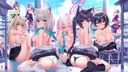 Rule 34 | 6+girls, ahoge, akusema, animal ear fluff, animal ears, aru (blue archive), ass, ayane (blue archive), back, bad id, bad pixiv id, bag, black hair, black skirt, black socks, blue archive, blue eyes, blue scarf, blue sky, blunt bangs, blush, bottomless, breasts, breasts out, brown hair, bullet, cat ears, cat tail, cityscape, cleavage, clothes lift, cloud, coat, coat on shoulders, collarbone, commentary request, convenient censoring, covering breasts, covering nipples, covering privates, cross hair ornament, crossed bangs, day, demon horns, desk, dress, dress lift, fang, feet, fur-trimmed coat, fur trim, glasses, green eyes, hair between eyes, hair ornament, hair ribbon, hairclip, half-closed eyes, halo, hand to own mouth, haruka (blue archive), hat, highres, horns, hoshino (blue archive), id card, jacket, kayoko (blue archive), kneehighs, large breasts, long coat, long hair, long sleeves, looking at viewer, looking back, medium hair, multicolored hair, multiple girls, mutsuki (blue archive), naked coat, necktie, no bra, no panties, no shoes, nonomi (blue archive), off shoulder, on desk, one eye closed, open mouth, panties, pink hair, pleated skirt, pointy ears, purple eyes, purple hair, red eyes, ribbon, sailor collar, scarf, scarf over breasts, school, school desk, school uniform, serafuku, serika (blue archive), shiroko (blue archive), shirt, short hair, side ponytail, sideboob, silver hair, sitting, skirt, skirt lift, sky, small breasts, smile, socks, striped clothes, striped panties, tail, topless, twintails, two-tone hair, underwear, undressing, wariza, white shirt, yawning