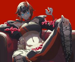 Rule 34 | 1girl, armchair, black hair, black jacket, black nails, black pants, black sports bra, blue eyes, breasts, chain, chair, cross-laced pants, cup, demon girl, demon horns, demon tail, ear chain, ear piercing, fingernails, grimon12, hand on own knee, highres, holding, holding cup, horns, jacket, large breasts, long sleeves, looking at viewer, multicolored hair, nanashi inc., navel, open clothes, open jacket, open mouth, pants, piercing, pointy ears, red background, red hair, red pants, red sports bra, ryugasaki rene, ryugasaki rene (1st costume), short hair, solo, sports bra, tail, two-tone hair, two-tone pants, two-tone sports bra, underboob, virtual youtuber