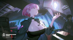 Rule 34 | 1girl, absurdres, black choker, black tube top, breasts, choker, cleavage, closed mouth, coat, commentary request, earrings, hair behind ear, highres, izsly, jewelry, large breasts, looking to the side, original, perspective, pink eyes, pink hair, pointing, railing, short hair, solo focus, strapless, tube top