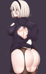 Rule 34 | 1girl, absurdres, arm at side, ass, back cutout, backless dress, backless outfit, bad id, bad pixiv id, black background, black dress, black gloves, black hairband, black ribbon, blindfold, breasts, brown thighhighs, closed mouth, clothes lift, clothing cutout, covered erect nipples, cowboy shot, dress, dress lift, feather-trimmed sleeves, feather trim, flashing, from behind, garter straps, gloves, hairband, highres, juliet sleeves, legs together, leotard, lifted by self, lips, long sleeves, looking at viewer, looking back, mapar, medium breasts, mole, mole under mouth, nier (series), nier:automata, pink lips, puffy sleeves, ribbon, short dress, short hair, shoulder blades, side slit, silver hair, simple background, solo, standing, thighhighs, thong, thong leotard, turtleneck, vambraces, white leotard, 2b (nier:automata)