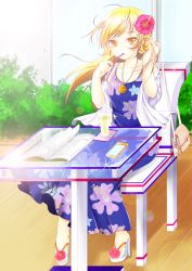 Rule 34 | 1girl, absurdres, bad id, bad pixiv id, bag, blonde hair, cellphone, chair, dress, drink, drinking straw, earrings, flower, hair flower, hair ornament, handbag, high heels, highres, iname, jewelry, mouth hold, nail polish, original, phone, sandals, shoes, smartphone, solo, yellow eyes