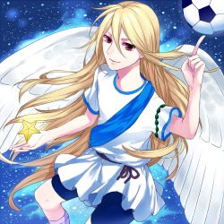 Rule 34 | 1boy, afuro terumi, artist request, ball, bike shorts, blonde hair, inazuma eleven, inazuma eleven (series), long hair, male focus, red eyes, sash, smile, soccer ball, solo, star (symbol), tunic, wings