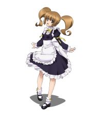 Rule 34 | 10s, 1girl, absurdres, ahoge, apron, breasts, brown eyes, brown hair, dress, full body, highres, long hair, long sleeves, looking at viewer, madan no ou to vanadis, maid, maid apron, matching hair/eyes, neck ribbon, plaid, plaid background, puffy sleeves, ribbon, rito2, small breasts, smile, solo, standing, titta (madan no ou to vanadis), twintails