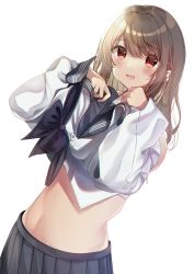 Rule 34 | 1girl, :d, bad id, bad pixiv id, black bow, black sailor collar, black skirt, blush, bow, brown eyes, brown hair, clothes lift, commentary request, hair between eyes, hair ornament, hairclip, highres, lifted by self, long hair, looking at viewer, minami saki, navel, open mouth, original, pleated skirt, sailor collar, shirt, shirt lift, simple background, skirt, smile, solo, white background, white shirt, x hair ornament