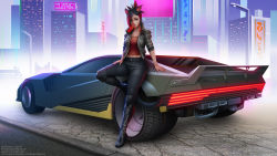 Rule 34 | 1girl, animal ears, black hair, braid, car, cat ears, cat tail, city, commission, cropped jacket, crossover, cyberpunk (series), cyberpunk 2077, facial mark, fictional persona, final fantasy, final fantasy xiv, green eyes, high collar, jacket, leaning back, lips, looking at viewer, marie makise, max domikov, midriff, miqo&#039;te, motor vehicle, multicolored hair, navel, open clothes, open jacket, pants, patreon username, short hair, short sleeves, smile, solo, square enix, tail, tank top, tight clothes, tight pants, two-tone hair, vehicle focus, warrior of light (ff14), watermark, web address, whisker markings