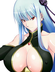Rule 34 | 00s, 1girl, bare shoulders, blue hair, breasts, cleavage, covered erect nipples, earrings, female focus, hair ornament, jewelry, konishiki (52siki), large breasts, long hair, military, military uniform, red eyes, selvaria bles, senjou no valkyria, senjou no valkyria (series), senjou no valkyria 1, simple background, solo, uniform, white background