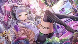 Rule 34 | 1girl, animal ears, black thighhighs, blunt bangs, blush, breasts, cat ears, cat tail, chair, cup, gaming chair, highres, hololive, long hair, long sleeves, looking at viewer, mug, murasaki shion, sidelocks, silver hair, small breasts, solo, swivel chair, tail, thighhighs, torino aqua, virtual youtuber, yellow eyes