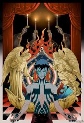Rule 34 | angel, angel wings, barefoot, black hair, black rider, candle, closed mouth, commentary request, feathered wings, fire, full-body tattoo, highres, demi-fiend, holding, holding candle, long hair, looking at viewer, male focus, memessa, pale rider, red rider, shin megami tensei, shin megami tensei iii: nocturne, short hair, skeleton, tattoo, topless, topless male, white rider, wings, yellow eyes