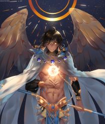 Rule 34 | 1boy, abs, ahoge, bare pectorals, brown hair, cape, dark skin, dark-skinned male, egyptian, egyptian clothes, fate/grand order, fate/prototype, fate/prototype: fragments of blue and silver, fate (series), feathered wings, feathers, hair between eyes, highres, holding, holding staff, jewelry, looking at viewer, male focus, muscular, necklace, ozymandias (fate), pectorals, puff (ksy61900), topless male, shrug (clothing), solo, staff, white cape, white wings, wings, yellow eyes