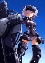 Rule 34 | 1girl, armor, blue sky, breasts, cleavage cutout, clothing cutout, day, fate/grand order, fate (series), gloves, goggles, goggles on head, hair over one eye, headgear, highres, holding, holding shield, kumichou (ef65-1118-ef81-95), light purple hair, long sleeves, looking at viewer, mash kyrielight, mash kyrielight (ortenaus), medium breasts, purple eyes, purple gloves, shield, short hair, sky, solo, thighhighs