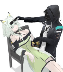 Rule 34 | 1girl, 1other, animal ear fluff, animal ears, arknights, black gloves, black jacket, chair, closed mouth, doctor (arknights), dress, eyewear lift, gloves, green dress, green eyes, grey hair, highres, holding, hood, hood up, hooded jacket, jacket, kal&#039;tsit (arknights), lifting another&#039;s clothes, long sleeves, mebe (teadia violet), meme, on chair, open clothes, open jacket, puffy long sleeves, puffy sleeves, see-through, shirt, simple background, sunglasses, white background, white shirt