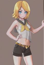 Rule 34 | 1girl, aruman, belt, black sailor collar, black shorts, blonde hair, blue eyes, blush, breasts, brown background, collarbone, cowboy shot, female focus, hand on own hip, hand up, highres, kagamine rin, looking at viewer, midriff, navel, neckerchief, sailor collar, shiny skin, shirt, short hair, short shorts, shorts, simple background, sleeveless, sleeveless shirt, small breasts, smile, solo, standing, vocaloid, white shirt, yellow neckerchief