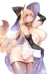 Rule 34 | 1girl, animal ears, areola slip, bare shoulders, black cape, black gloves, black thighhighs, blonde hair, breasts, cape, cleavage, closed mouth, contrapposto, covered erect nipples, covered navel, cowboy shot, elbow gloves, eyelashes, flower, fox ears, fox girl, fox tail, gloves, groin, hair between eyes, half-closed eyes, hand on headwear, hand up, highres, large areolae, large breasts, legs together, leotard, long hair, looking at viewer, neck ribbon, orange ribbon, original, puffy nipples, ribbon, sidelocks, simple background, slit pupils, smile, solo, sparkle, standing, strapless, strapless leotard, tail, thick thighs, thighhighs, thighs, very long hair, white background, white leotard, yellow eyes, yukibuster z