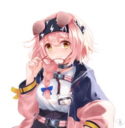 Rule 34 | 1girl, animal ears, arknights, belt, black hairband, black skirt, blue bow, blush, bow, braid, cat ears, commentary, glasses, goldenglow (arknights), hair between eyes, hair bow, hairband, hand up, highres, jacket, lanyard, lightning bolt print, long hair, long sleeves, looking at viewer, open clothes, open jacket, pink belt, pink hair, red-framed eyewear, sd4869, shirt, simple background, single braid, skirt, solo, upper body, white background, white shirt, yellow eyes