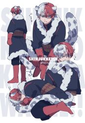 Rule 34 | 1boy, 7th popularity poll (boku no hero academia), animal ears, black coat, black pants, boku no hero academia, boots, closed eyes, coat, commentary request, fur-trimmed coat, fur trim, gloves, grey hair, highres, kemonomimi mode, leopard boy, leopard ears, leopard tail, looking at viewer, lying, male focus, multicolored hair, multiple views, on side, pants, red footwear, red gloves, red hair, sakura 0270, short hair, simple background, sleeping, split-color hair, standing, tail, todoroki shouto, translation request, twitter username, white background, winter clothes