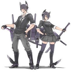 Rule 34 | 10s, 1boy, 1girl, 8 page, 8page, absurdres, bad id, bad pixiv id, boots, dual persona, eyepatch, fingerless gloves, genderswap, genderswap (ftm), gloves, grin, hand on own hip, headgear, highres, kantai collection, machinery, necktie, partially fingerless gloves, personification, purple hair, short hair, sketch, smile, sword, tenryuu (kancolle), thighhighs, turret, weapon, yellow eyes
