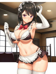 Rule 34 | 1girl, apron, arm up, armpits, bare shoulders, bikini, black bikini, black hair, bow, bowtie, breasts, ceiling light, cleavage, closed mouth, cowboy shot, detached collar, elbow gloves, frilled bikini, frills, front-tie bikini top, front-tie top, frown, gloves, gluteal fold, hand up, highleg, highleg bikini, holding, holding tray, indoors, large breasts, long hair, looking at viewer, maid, maid apron, maid bikini, maid headdress, microskirt, navel, one side up, original, pink eyes, red bow, red bowtie, sawada yuusuke, side ponytail, skindentation, skirt, solo, standing, stomach, string bikini, swimsuit, thighhighs, thighs, tray, unconventional maid, waist apron, white gloves, white thighhighs, window