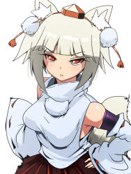 Rule 34 | &gt;:o, 1girl, :o, animal ears, bad id, bad pixiv id, bare shoulders, blunt bangs, blush, breasts, commentary request, detached sleeves, glaring, hand on own hip, hat, hyudora, inubashiri momiji, long sleeves, looking at viewer, medium breasts, open mouth, pom pom (clothes), red eyes, red hat, red skirt, ribbon-trimmed sleeves, ribbon trim, short hair, skindentation, skirt, sleeveless, sleeveless turtleneck, solo, tail, tokin hat, touhou, tsurime, turtleneck, upper body, v-shaped eyebrows, wolf ears, wolf tail