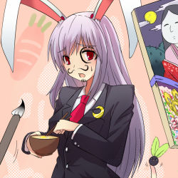 Rule 34 | 1girl, animal ears, blazer, drawing, drawing on another&#039;s face, female focus, jacket, miyo (ranthath), necktie, painting (action), portrait, purple hair, rabbit ears, red eyes, reisen udongein inaba, solo, touhou
