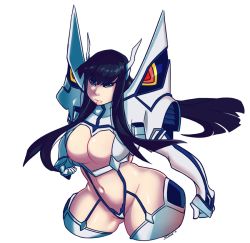 Rule 34 | 10s, 1girl, bad id, bad tumblr id, black hair, blue eyes, boots, breasts, cleavage, cleavage cutout, clenched hands, clothing cutout, cowboy shot, cropped legs, hairpods, junketsu, kill la kill, kiryuuin satsuki, large breasts, long hair, navel, revealing clothes, saane, solo, thick thighs, thigh boots, thighhighs, thighs