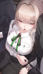 Rule 34 | 1girl, black neckwear, black skirt, blonde hair, blush, bow, bowtie, breast pocket, breasts, closed eyes, collared shirt, commentary request, green neckwear, highres, kfr, large breasts, leaning on person, leaning to the side, long sleeves, open mouth, original, pencil skirt, pocket, shirt, skirt, sleeping, sleeping on person, solo focus, striped bow, striped bowtie, striped clothes, striped neckwear, two-tone neckwear, watch, white shirt, wristwatch