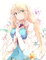Rule 34 | 1girl, agulo, backlighting, blonde hair, collared shirt, flower, green eyes, hands on own chest, highres, lily (flower), long hair, necktie, rance (series), rance 10, sheila helman, shirt, simple background, solo, very long hair, white background