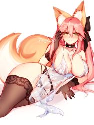 Rule 34 | animal ear fluff, animal ears, artist name, artoria pendragon (lancer alter) (royal icing) (fate), artoria pendragon (lancer alter) (royal icing) (fate) (cosplay), babydoll, black bow, black gloves, black panties, blush, bow, breasts, choker, cleavage, cosplay, fate/extra, fate (series), fingernails, fox girl, foxykuro, garter belt, garter straps, gloves, jewelry, large breasts, lingerie, nail polish, necklace, panties, pink hair, revealing clothes, see-through, smile, snowflake print, split ponytail, tail, tamamo (fate), tamamo no mae (fate/extra), thighhighs, underwear, yellow eyes