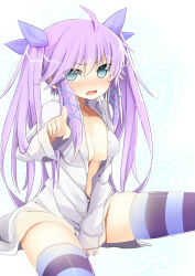 Rule 34 | 1girl, ahoge, blue eyes, breasts, fang, highres, kakao (chocolate land), long hair, medium breasts, open clothes, open mouth, open shirt, original, pointing, purple hair, shirt, simple background, solo, striped clothes, striped thighhighs, thighhighs, twintails, white background, white shirt, yukaribe setsuko