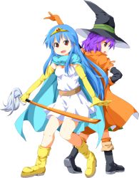 Rule 34 | 2girls, alternate costume, back-to-back, belt, blue hair, boots, cape, chunsoft, circlet, cosplay, crossover, dragon quest, dragon quest iii, dress, elbow gloves, enix, full body, gloves, hat, highres, hinanawi tenshi, long hair, looking at viewer, looking back, mage (dq3), mage (dq3) (cosplay), multiple girls, nagae iku, open mouth, purple hair, red eyes, ruu (tksymkw), sage (dq3), sage (dq3) (cosplay), scarf, short hair, smile, sword, sword of hisou, thighhighs, touhou, transparent background, weapon, witch hat, yellow gloves