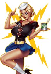 Rule 34 | 1girl, belt, black footwear, black shirt, blonde hair, blue eyes, blue skirt, breasts, can, elias chatzoudis, hat, high heels, highres, holding, holding can, large breasts, looking down, miniskirt, original, popeye the sailor, shirt, short sleeves, signature, skirt, socks, solo, updo, white hat, white socks