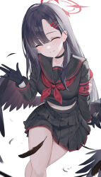 Rule 34 | 1girl, armband, black choker, black gloves, black hair, black sailor collar, black serafuku, black shirt, black skirt, black wings, blue archive, choker, closed eyes, closed mouth, commentary request, crossed legs, facing viewer, feathered wings, feathers, gloves, hair ornament, hairclip, halo, hand up, highres, ichika (blue archive), light blush, long hair, long sleeves, low wings, nakashima (pluscolor), neckerchief, pleated skirt, red armband, red halo, red neckerchief, safety pin, sailor collar, school uniform, serafuku, shedding, shedding feathers, shirt, simple background, skirt, smile, solo, white background, wings