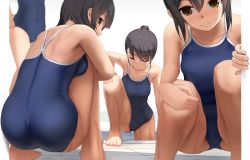 Rule 34 | 4girls, ass, back, bare shoulders, barefoot, black hair, blush, breasts, brown eyes, closed eyes, competition school swimsuit, covered navel, eto, from behind, hand on own hip, highres, long hair, looking back, md5 mismatch, medium breasts, multiple girls, one-piece swimsuit, original, ponytail, resized, resolution mismatch, school swimsuit, short hair, sitting, small breasts, smile, source smaller, squatting, swimsuit, upscaled, wet